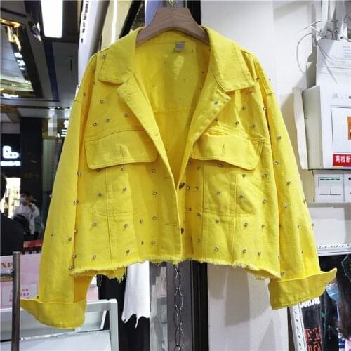 Rhinestone Yellow Denim Jacket Women 2021 Spring New Pure Color Ripped Frayed Hem Jean Coats Girls Students Top Outwears