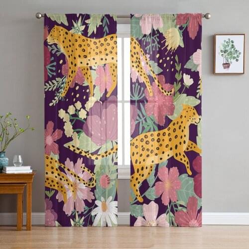 Leopard On Colored Flowers Sheer Curtains for Living Room Bedroom Kitchen Chiffon Tulle Curtains Home Hotel Coffee Decor