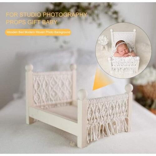 Newborn Posing Mini Photography Props Baby Crib Wood Toddler Detachable Infant Cotton Rope Woven Furniture Doll Bed Accessories