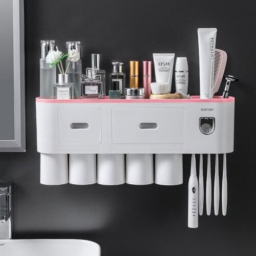 Toothbrush Holder Multifunctional Wall-Mounted Space-Saving Toothbrush and Toothpaste Squeezer Kit with Dustproof Cover Drawer