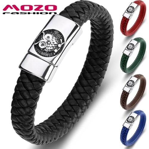 MOZO FASHION 2020 Men Bracelet Black Genuine Leather Stainless Steel Magnet Buckle High Quality Owl Punk Jewelry Gifts 091