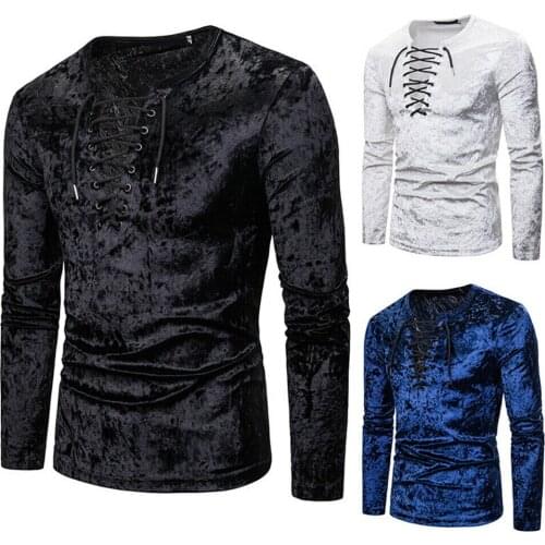 Mens Lace Up V Neck T-shirt Long Sleeve Crushed Velvet Top Tee Shirt Gothic New Slim Fit 2021