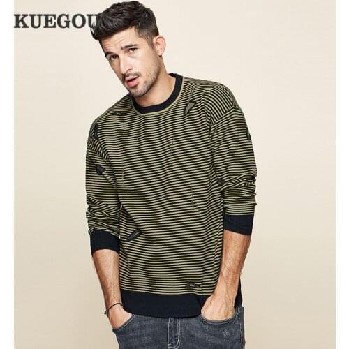 KUEGOU autumn winte Mens sweaters striped patch decoration Fashion sweater men pullovers tops plus size BZ-12508