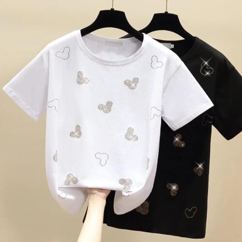 New 2021 White T Shirt Women Clothes Diamond Cotton Korean Casual Female T-Shirt Summer Tops Black Short Sleeve Tee Shirt