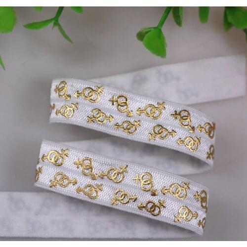 New design!! gold foil printed fold over elastic 029 white 5/8" foe elastic 100yards/lot wholesale