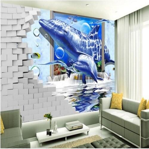 Beibehang custom wallpapers 3D stereo brick wall dolphin frame waterfall TV background wall painting wall papers home decor