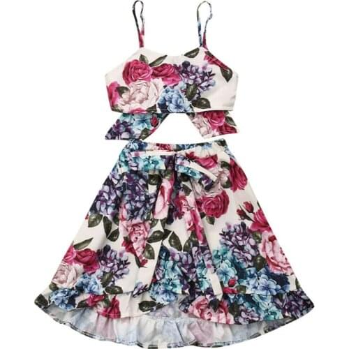 Princess Kids Baby Girls Clothing Floral Sets 2Pcs Sling Lace-up Crop Tops+Bow Ruffles Skirts Outfits Summer Girl Clothes 1-6Y