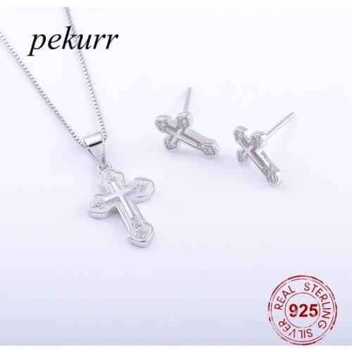 Pekurr 925 Sterling Silver Zircon Bead Big Cross Earrings Necklace Sets For Women Cross Pendants Fashion Jewelry Sets
