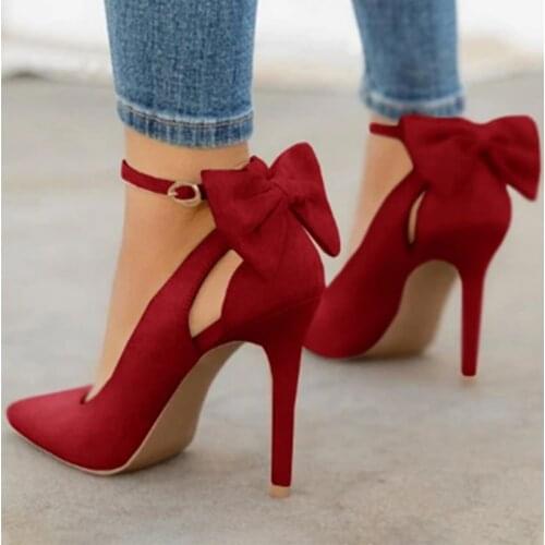 Sexy Pumps Ladies Buckle Strap Female Fashion Bowknot Shoes Plus Size 34-43 Women Pointed Toe High Heels Woman Thin Heels Ladies