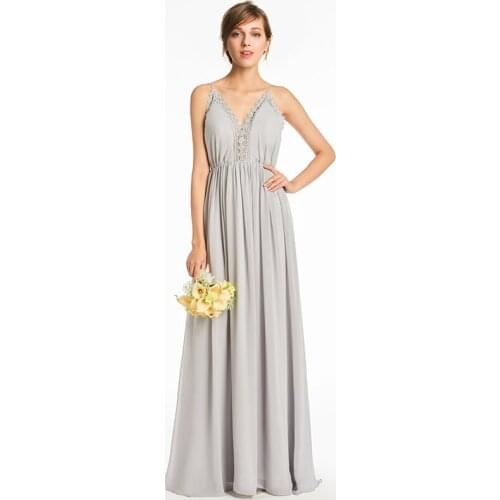 Tanpell spaghetti straps bridesmaid dress silver sleeveless floor length a line gown lady backless long custom bridesmaid dress