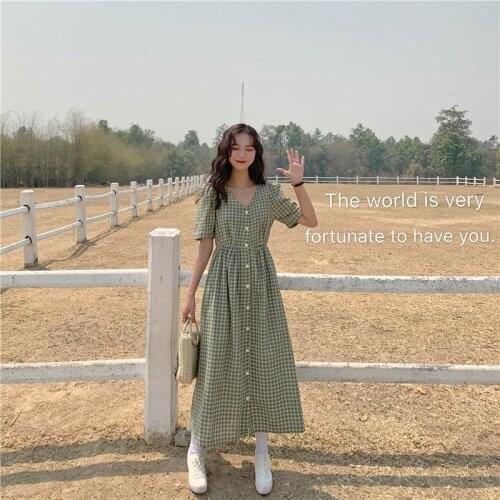 Dress Women Single Breasted japanese Plaid Loose Dresses Leisure Lovely Korean Elastic Waist Elegant Colorful Dress for women