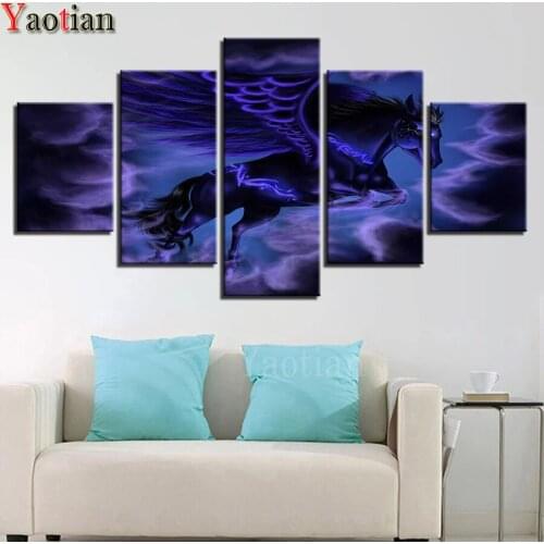 Full Round Rhinestones Embroidery Handcraft Cross Stitch 5 Pieces Horse With Purple Wings Diy Diamond Painting Home Decor