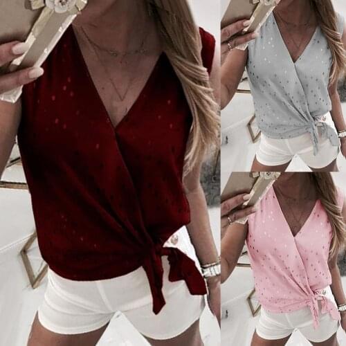 Plus size S-3XL Sexy Women Fashion Sleeveless V Neck Front Cross Polka Dot Print Bandage Blouse Top Womens Top