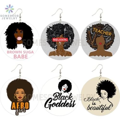 SOMESOOR Both Sides Printing Beautiful Afro Girl Suga Babe African Wooden Drop Earrings Black Goddess Melanin Jewelry For Women
