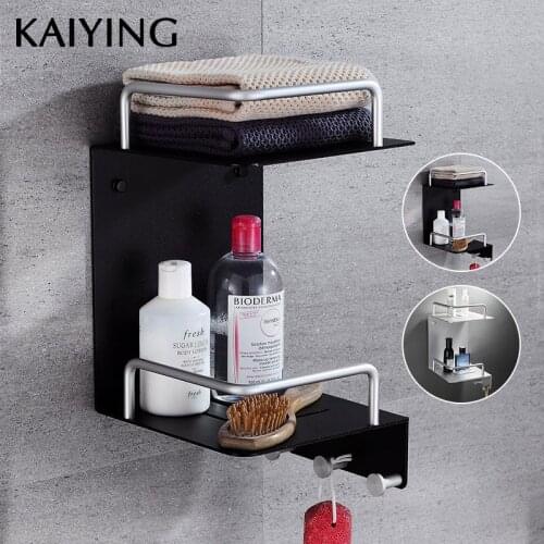 KAIYING Aluminum Bathroom Corner Shelf Basket Wall Mounted Cosmetic Storage Rack With Double Layer Households Rack,Black/Silver