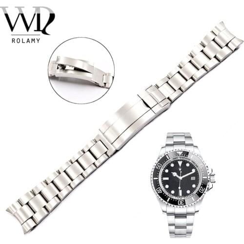 Rolamy 20 21mm Solid Curved End Stainless Steel Screw Links Watch Band Bracelet Glide Flip Lock Clasp For Rolex Oyster Deepsea