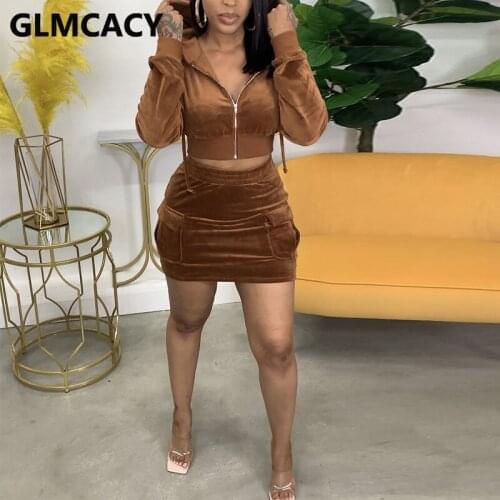 Women Two Piece Casual Dress Suits Long Sleeve Zip Up Crop Top Hoodies & Bodycon Mini Skirt Set