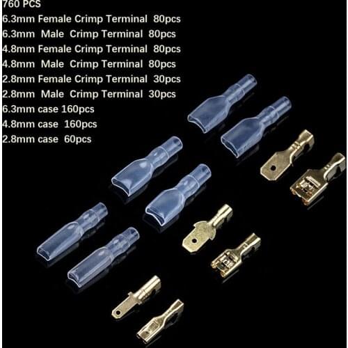 760Pcs/set Crimp Terminals 2.8/4.8/6.3mm Female&Male Spade Wire Connectors Set with Insulating Sleeves 22-16 AWG