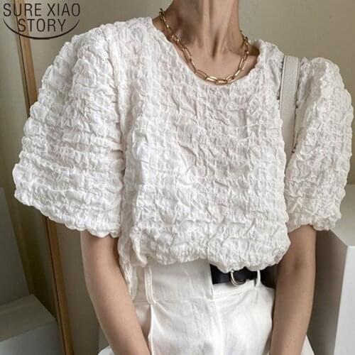 Korean Chic 2021 Summer Retro Blouse Temperament O-neck Tops Pleated Loose Solid Bubble Sleeve Shirt Streetwear Blusas 14700
