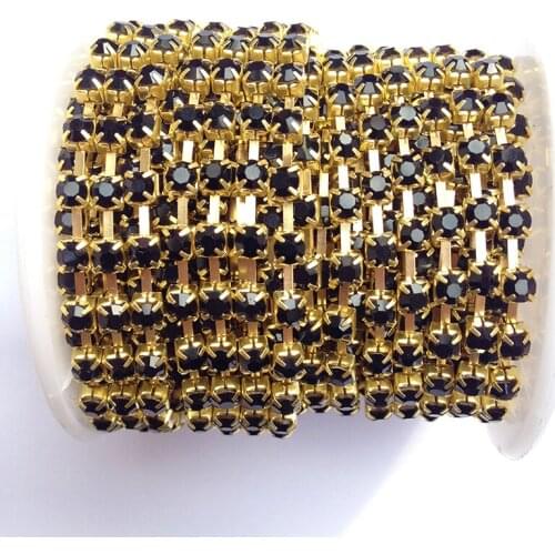 Black Color Strass Rhinestones Chain 10 yards/roll SS6 to SS38 Gold Base Crystal Rhinestone Chain
