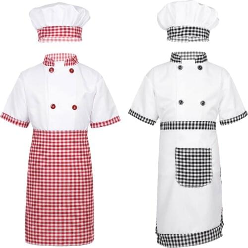 Kids Chef Outfit Short Sleeves Kitchen Jacket With Apron And Hat Set Chef Uniform Children Halloween Cosplay Party Dress Up