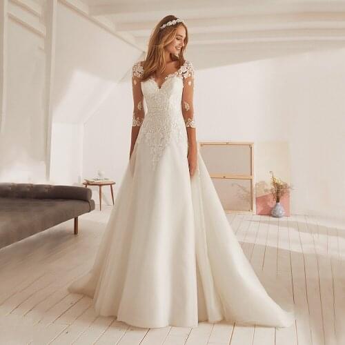 Elegant Wedding Dress For Woman With 3/4 Sleeves A Line Sweep Train Illusion Button V Neck Applique Tulle And Satin Bridal Gown