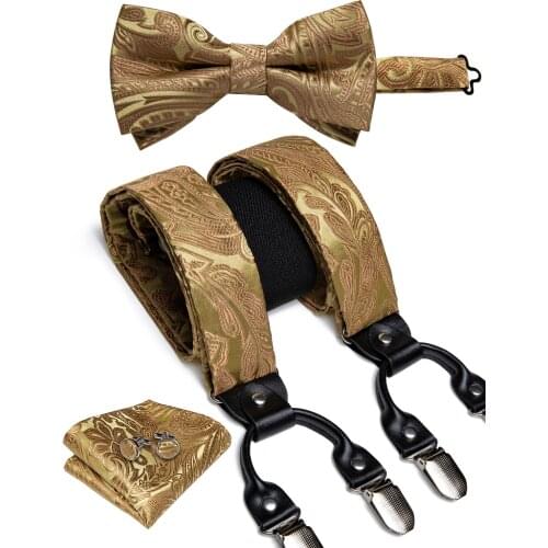 Elegant Gold Paisley Silk Suspenders Men Real Leather Metal 6 Clips Braces Elastic Suspenders Trouser Straps Mens Gift DiBanGu