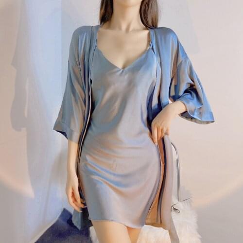 2PCS Women Rayon Robe Sets Bride Dressing Kimono Gown Sexy Strap Top Nightgown&Bathrobe Underwear Sleepshirt Summer Home Wear