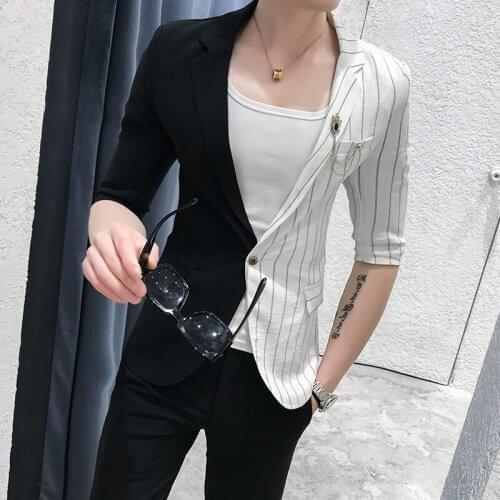 Suit Mens Korean Splice Suits Slim Fit Social Club 2 Pcs Men Smoking Para Hombre Combinaison Homme Stripe Mens Suits With Pants