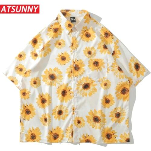 ATSUNNY Sunflower Print Short Sleeve Shirt HipHop Streetwear Casual Shirt Man Summer Fashion Hawaiian Shirts Tops