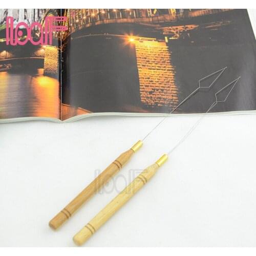 LOOF Wholesale 100pcs Bamboo Handle Iron Wire Loop Pulling Needle Nano Micro Rings/Links Threader Tool for Hair Extensions