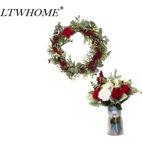LTWHOME WHAFA Ornament Set Artificial Flowers + Wreath with Berries, Roses for Home Hotel Wedding Party Decoration