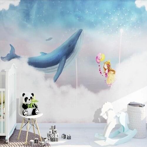 Milofi custom 3D wallpaper mural sky white cloud whale girl dandelion living room bedroom background wall decoration painting wa
