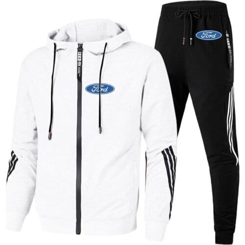 Fashion Spring Autumn Men Hoodies Ford Car Logo Printing high quality cotton Solid color splicing Mens Hoodie + Pants 2-piece