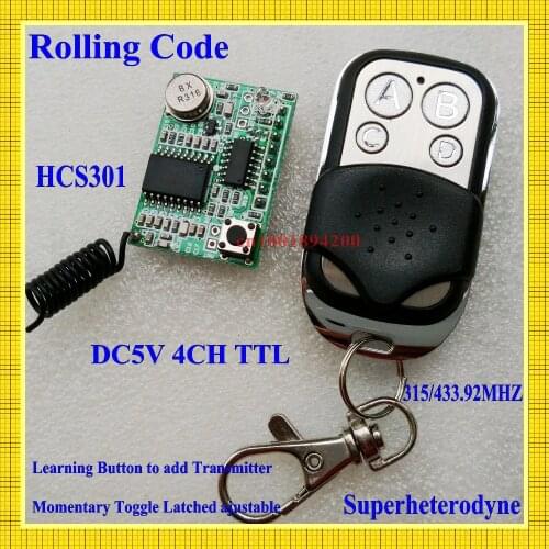 Rolling Code Remote Control Receiver Module +Transmiter System DC3-5V TTL super-heterodyne OOK/ASK 4CH Latched Toggle Momentary