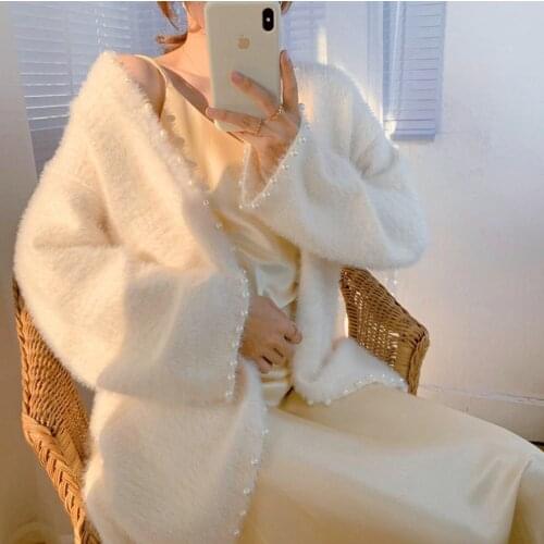 Soft Lady Mink Cashmere Sweater Coat Mohair Furry Knitted Cardigan Loose Beaded Trimmed With Pearls Jacket Tops