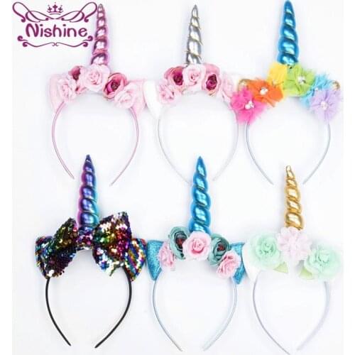 Baby Girls Unicorn Hairband Artificial Flower Headband Glitter Sequins Bowknot Hair Hoop Party Decoration Birthday Accessories