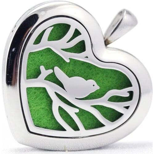 Heart Design Stainless Steel Bird and Branch Design Aromatherapy Aroma Essential Oil Diffuser Necklace