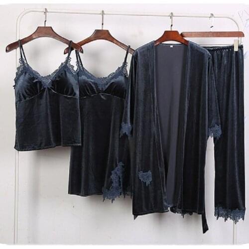 Lace Trim Pajamas Set Women Velour 4PCS Sleepwear Autumn Winter Pyjamas Suit Female Velvet Sleep Set Kimono Gown Home Wear