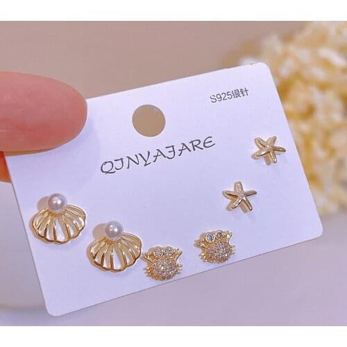 Korean Lovely Crystal Small Stud Earring Set For Women Cute Shell Crab Starfish Zircon Stud Earrings Girl Party Jewelry Set