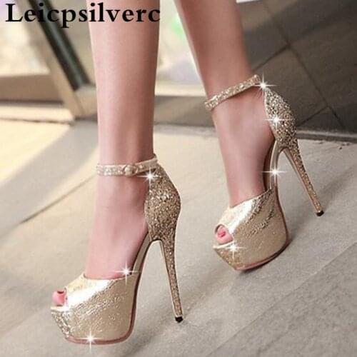 Spring and summer new fashion womens shoes super high heels fish mouths sequins fine with brides women shoes banquet heels