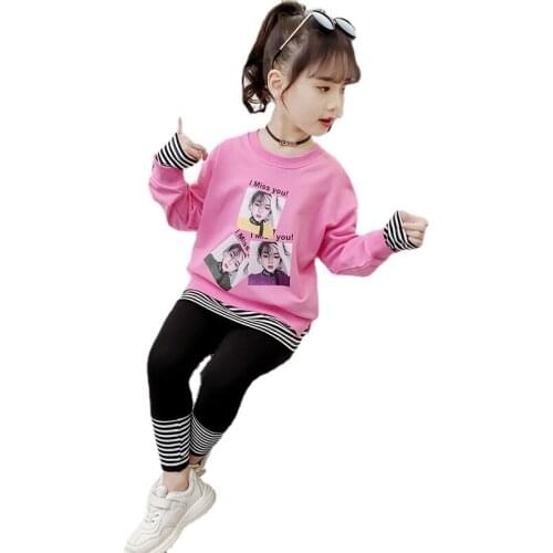 Girls' Spring Long Sleeve Top Cartoon Portrait Stripe Fake Two-piece Bottom Shirt Sports Leisure Student T-shirt 4-12 Ages