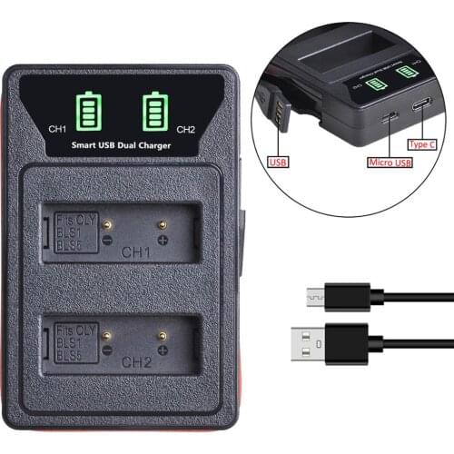 PS-BLS1 PS BLS1 Battery LED Dual USB Charger with type-C port for Olympus E-400 E-410 E-420 E-450 PEN E-P1 E-P2 E-P3 E-PL1 PL3