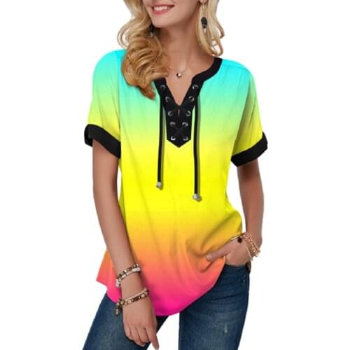 2021 New Summer Women Gradient Color Printed Short Sleeve T shirt Lace Up Plus Size 3XL 4XL 5XL Loose Casual Summer Top Femme