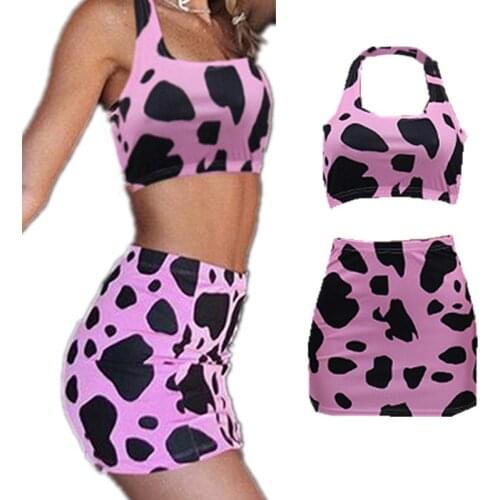 Women Cow print Summer Sexy 2 piece short set Fashion Halter Crop Top and Mini Bodycon Skirt Beach Party Club Skirt set