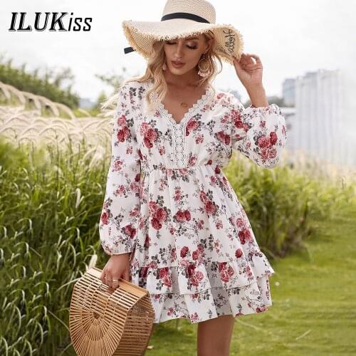 Fashion Long Sleeve Floral Print Dress Women Summer 2021 Fall Lace V Neck Ruffle Mini Dresses Elegant Casual Ladies Clothes