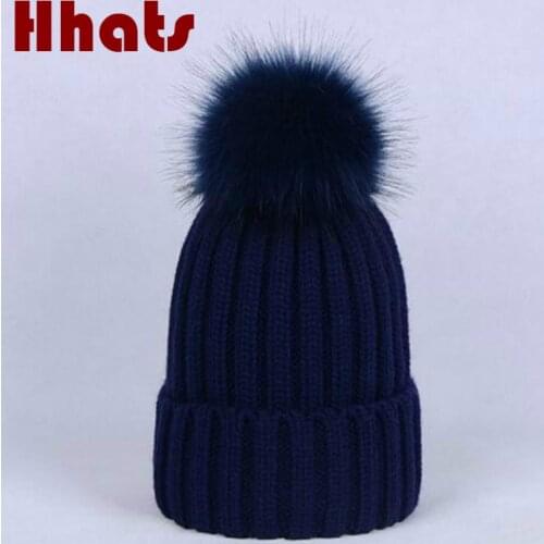 Faux fox fur pompom winter hat fashion solid bobble knitted hat with pompon ball top female skullies beanie bonnet drop shipping
