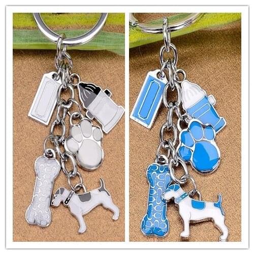 2pcs/lot blue white dog bone footprint pendant keychain key ring Alloy Decoration charms