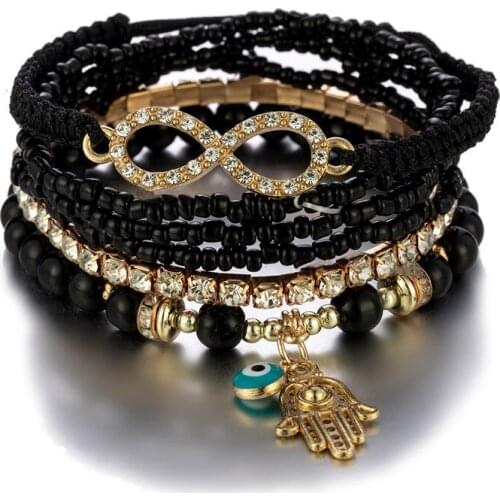 2021 Trendy Ethnic Handmade Elastic Multilayer Crystal Rhinestone Palm Pendant Bracelets for Women Costume Jewery Accessories
