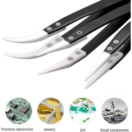 Anti-Static Ceramic Tweezers Stainless Steel Electronic Cigarette Industrial Ceramic Tweezers Insulated Straight Curved Tip